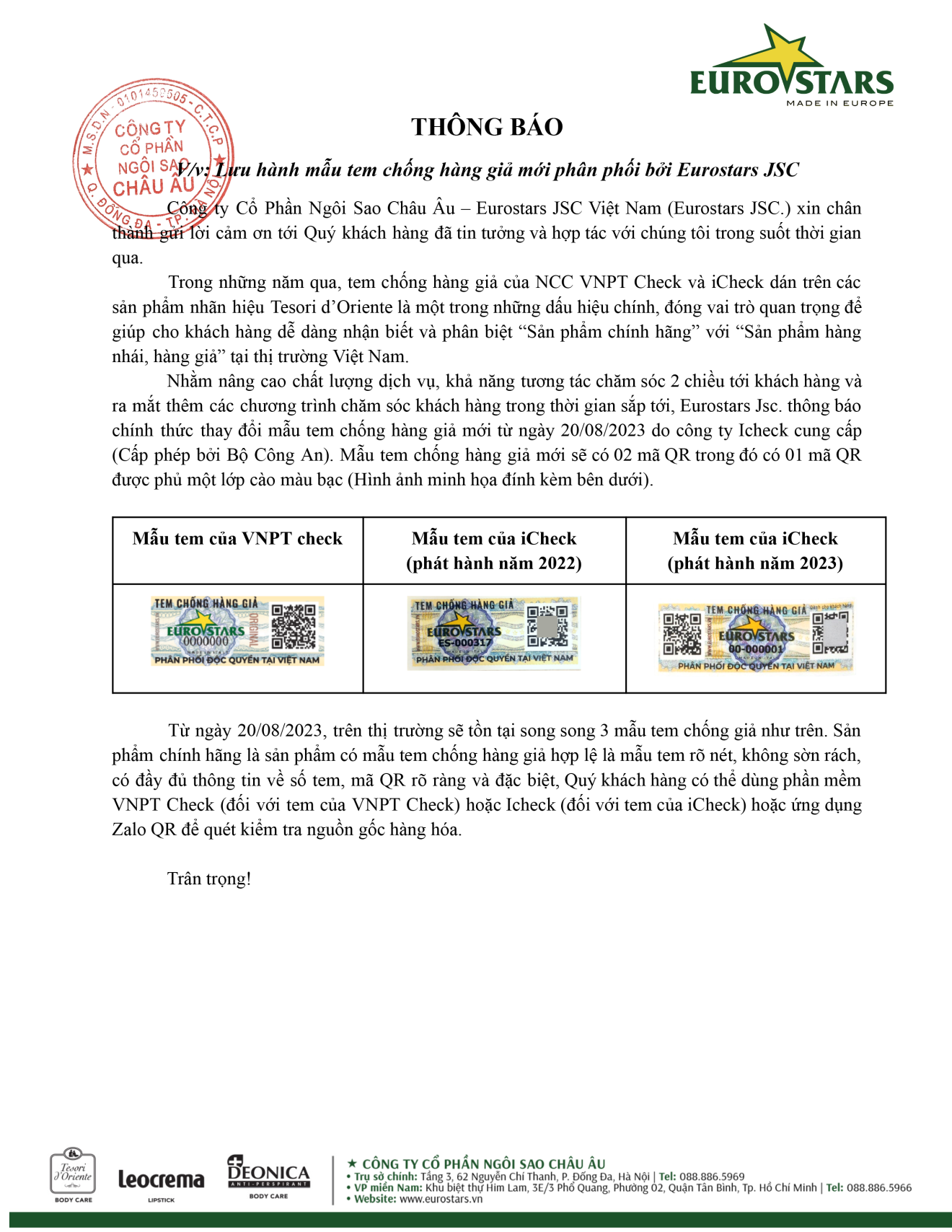Văn bản thông báo: Lưu hành thêm mẫu tem chống hàng giả trên sản phẩm Tesori d’Oriente phân phối bởi Eurostars JSC.